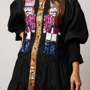 Fantastic Fawn Black Dress with Sequin Nutcracker Design